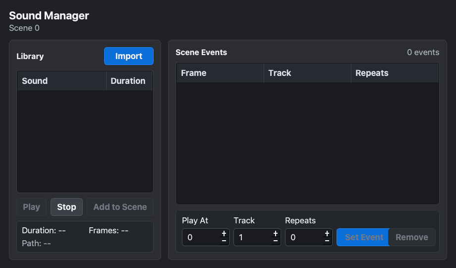 SACASA sound manager interface with library, scene events, and sound timing controls